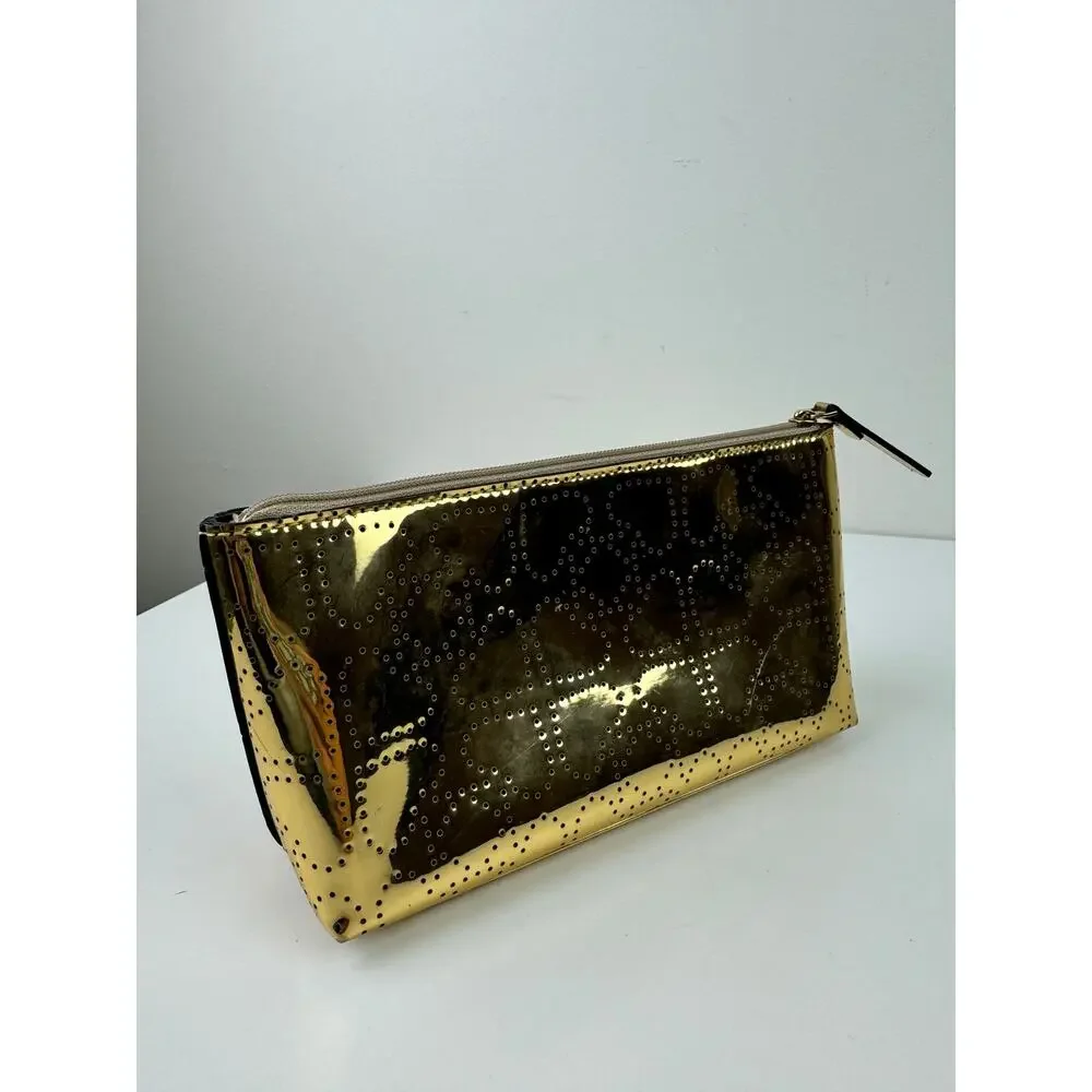 KATE SPADE Metro Gold Metallic Perforated Cosmetic Bag Shiny Heart Zip Pouch